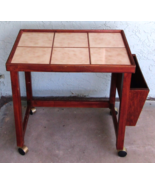 Vintage Danish Modern Teak and Tile Top Rolling Side Table with Magazine... - $395.01