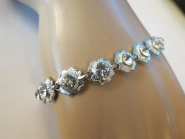 Rhinestone Flower Link Bracelet Clear White Stone Rhodium Plated Vintage... - $9.99