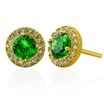 2.39CT 925 Silver 14K Yellow Gold Plated Round Halo Emerald Stud Earrings  - £34.80 GBP