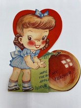 Valentines Day Vintage Greeting Card For Teacher Little Girl with Apple 1950&#39;s - £3.78 GBP