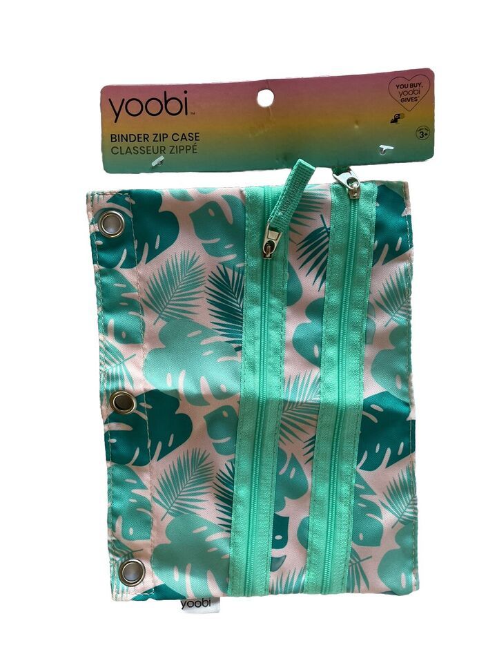 Yoobi 3 Ring Binder Zip Pencil Case Teal And Pink Leaves Tropical New - $5.45