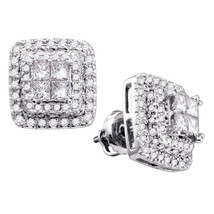 14k White Gold Womens Princess Round Diamond Square Frame Cluster Earrings - £1,277.37 GBP