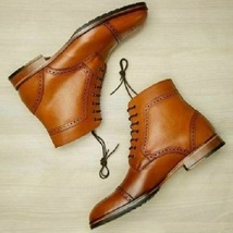 Men Cognac Leather Handmade Ankle Dress Boots Custom Boots for Men - $179.99