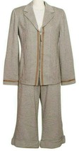 ST. JOHN Nutmeg Almond Brown Chevron Leather Trim Crop Pant Suit 12 - £482.55 GBP