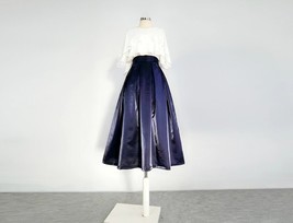 Women NAVY BLUE Satin Midi Skirt Pleated Midi Skirt Outfit Vintage Party Skirt  image 2