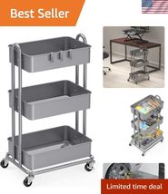 Heavy Duty 3-Tier Metal Utility Rolling Cart, Silver - $86.23