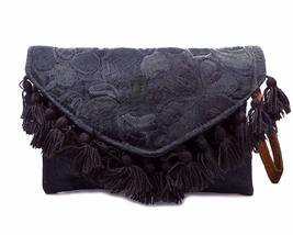 Floral Embroidered Pom Tassel Fringe Slim Envelope Clutch Purse Wristlet Strap B - £20.56 GBP