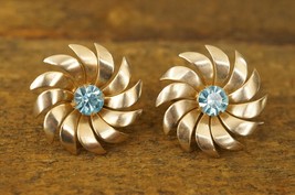 Mens Costume Jewelry Cuff Links MCM Mid Century Blue Rhinestone Spiral Floral - £14.72 GBP