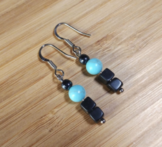 Turquoise and Black Agate dangles, Drop earrings, Black and Blue Stone - £3.91 GBP