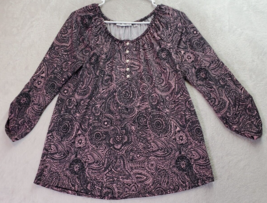 Notations Blouse Top Womens Small Pink Black Paisley Pleated Round Neck Button - £14.54 GBP
