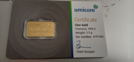 UMICORE 2.5GM 999.9 GOLD BAR WITH CERTIFICATE IN SEALED PACK - $571.49 CAD