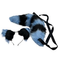 Fox Ears and Tail Blue Black Faux Fur Wolf Ears &amp; Foxtail Cosplay Costum... - £21.57 GBP