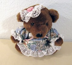 7&quot; tall Plush Dan Dee Teddy Bear in Country Floral Dress and Lace &quot;Barrette&quot; - £10.16 GBP