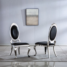 Dining Chair with Oval Backrest Set of 2, Stainless Steel Legs - Blck &amp; White - £311.82 GBP