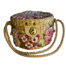 Vintage 1950s 60s Woven Straw Basket Box Purse Handbag Raffia Strawberry - £53.71 GBP