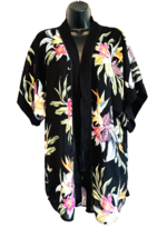 Kona Sol Black Tropical Hawaiian Tie Front Kimono Cover-Up Women&#39;s Size S/M - £15.46 GBP