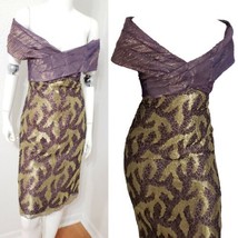 Victor Costa for Saks 5th Ave Off Shoulder Taffeta Lace Purple Gold Dress Sz S - £87.79 GBP