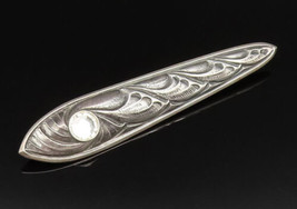 925 Silver - Vintage Inlaid Rhinestone Carved Swirls Linear Brooch Pin -... - $69.38