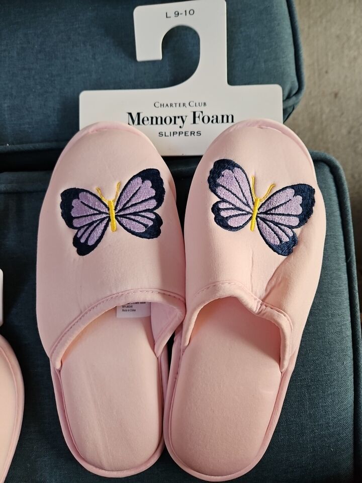Charter Club Women&#39;s Pink Embroidered Butterfly Slippers Shoes Size Larg... - $14.36