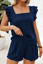 Dirty blue Textured Square Neck Top and Shirred High Waist Shorts Set - $258.14 MXN