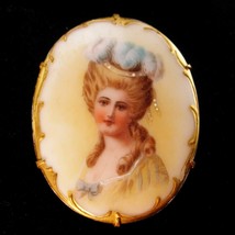 Antique Portrait brooch Hand painted 24kt gilt Porcelain cameo  with c Clasp - £153.39 GBP