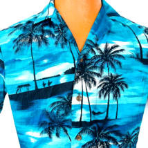 RJC Hawaiian Aloha Small Shirt Island Palm Trees Tiki Hut Hammock Blue Tropical - £39.81 GBP