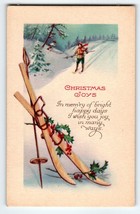Christmas Postcard Decorated Skis Man Skiing Down Hill Vintage Stecher Ser 1248A - £10.40 GBP