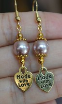 Handmade Dark Pink Pearl And Heart Shape Made With Love Earring - $11.50