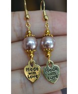 Handmade Dark Pink Pearl And Heart Shape Made With Love Earring - $11.50