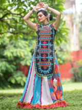 Navratri Ghagra set embroidered panel top &amp; multicolor flare skirt Indian Kedia7 - £37.76 GBP