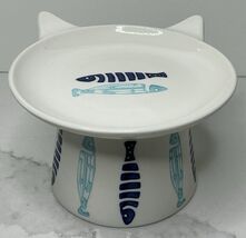 Signature Elevated Bowl Cat Food Blue &amp; Aqua Ceramic Fish Design New - $18.76
