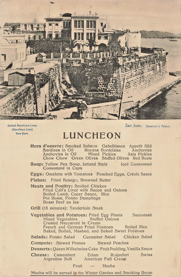 Primary image for S S RESOLUTE LUNCHEON MENU 1925-SAN JUAN-GOVERNOR'S PALACE