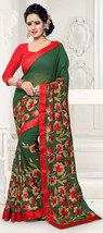 Designer Embroidery Zari Faux Georgette Saree with Resham Thread Work Green Red - £127.88 GBP