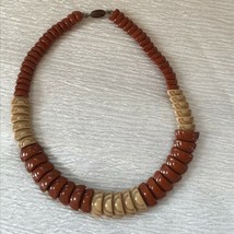 Vintage Tan &amp; Chesnut Brown Tapered Carved Czech Glass Accordion Bead Choker Nec - £18.52 GBP