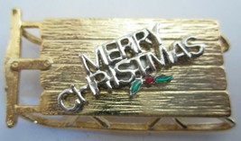 EISENBERG ICE Brooch Pin Merry Christmas Sled Sleigh Holly Leaves Green Enamel - £23.55 GBP