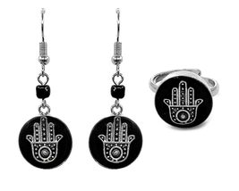 Hamsa Hand Mini Stone Inlay Earrings Adjustable Ring Matching Jewelry Set Crushe - $21.77