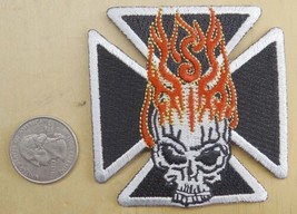 IRON CROSS &amp; FLAMING SKULL IRON-ON/SEW-ON EMBROIDERED PATCH 2 3/4 &quot;X 2 3... - £3.95 GBP