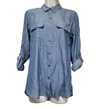express blue polka dot button up Roll Tab Sleeve blouse womens size S - £19.82 GBP