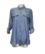 express blue polka dot button up Roll Tab Sleeve blouse womens size S - £19.75 GBP