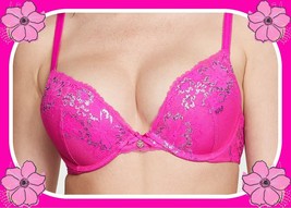 $65 34B Summer Hot Pink SHIMMER Lace Mesh Body by Victorias Secret PushUP UW Bra - £31.89 GBP