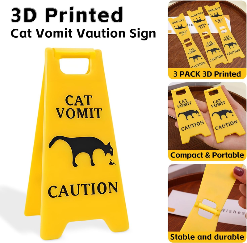 3-Pack Double-Sided Cat Vomit Caution Sign, 3D-Printed Yellow Mini Cat Vomit Sig Item image 2