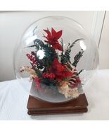 Vintage Floral glass globe terrarium wood base red poinsettia flower cen... - $27.00