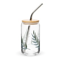 New Can-Shape Glass w/Lid and Straw Minimalist Leaf Design Durable Hand Wash - £8.18 GBP