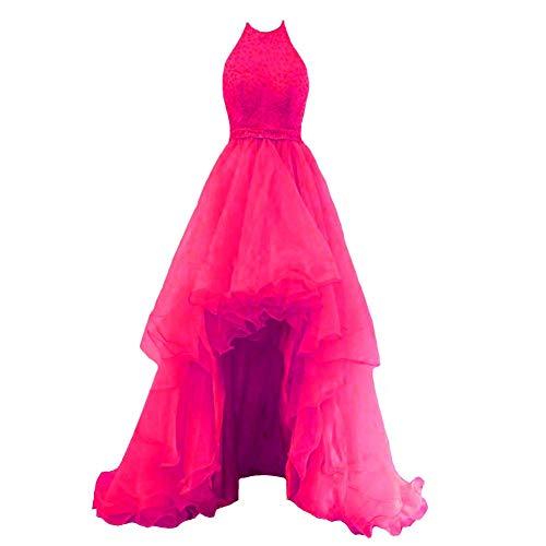 Sheer Beaded Halter High Low Organza Formal Gown Homecoming Prom Dress Fuchsia 1