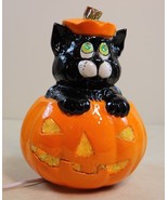 Original Vintage Ceramic Lighted Halloween Jack-O-Lantern Lighted Black Cat - $39.19