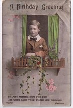 Birthday Postcard Boy In Window Good Luck Whole Life Through Valentine - $2.05