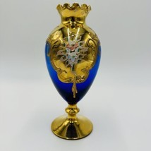 Venetian Italian Vase Cobalt Blue Ruffle Footed Gold Glass Floral Applique - $158.02