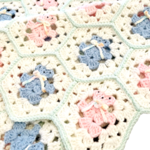Hand Crocheted Baby Blanket Pink Blue Granny Square Teddy Bear Bows 3D Hexagon - £44.11 GBP