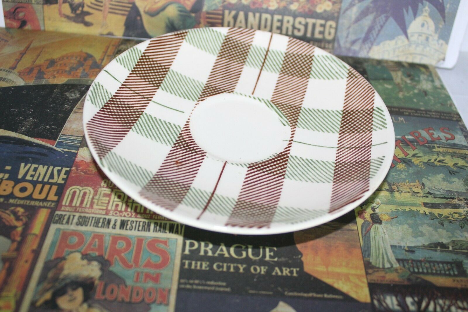 Dura Print by Homer Laughlin Green and Brown Plaid  4 tea Saucers 6 inches wide - $22.12