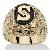 14K Yellow Gold Plated Simulated Onyx Personalized Mens Initial Nugget Ring - £114.34 GBP